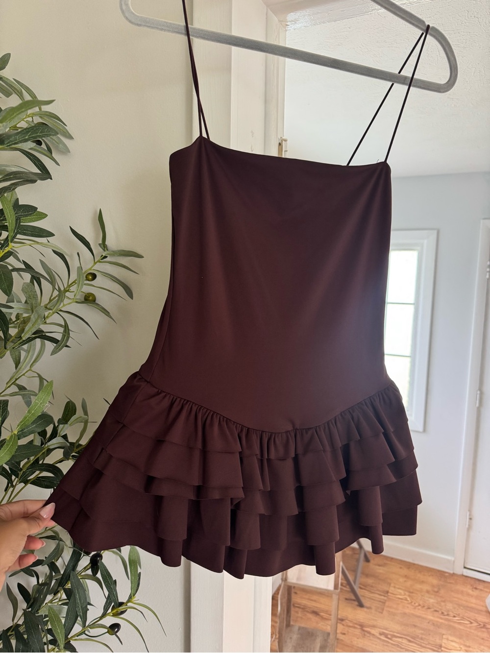 White Fox Boutique Women’s Chocolate Brown Ruffle Mini Dress Built in Shorts
